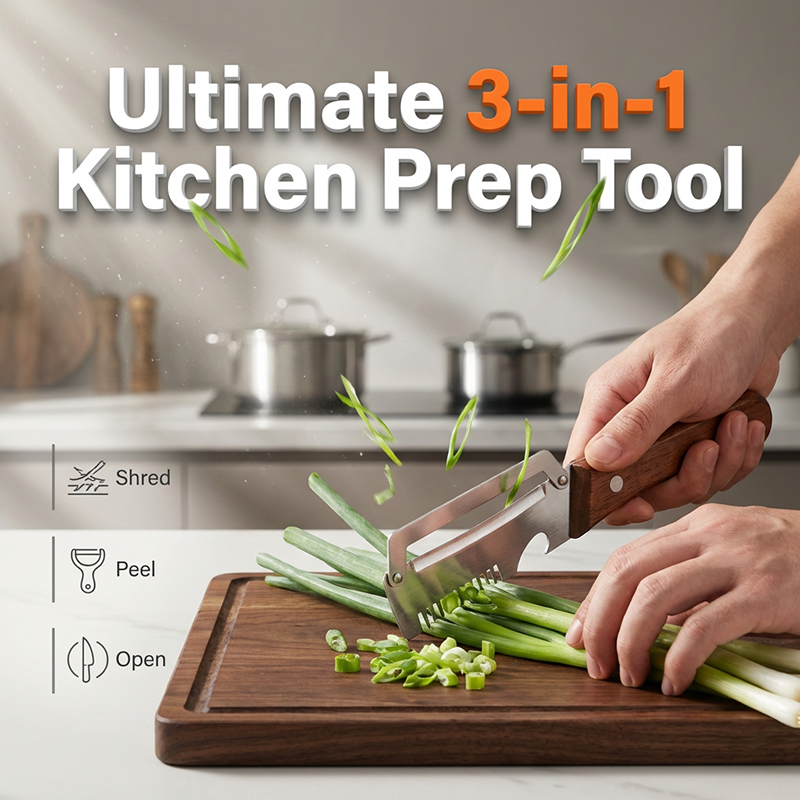 🔪 3-in-1 Scallion Shredder & Peeler –⚡Shred, Peel, Open Bottles🏆